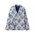Women's blue and white vintage print quilted jacket with v-neck and tie-up front - S / Light Blue