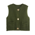 Chaleco de punto grueso verde oscuro para mujer con botones dorados y tejido calado - Verde Militar
