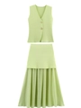 Women's light green knit vest and pleated maxi skirt two-piece set with gold buttons - Green Zirconia Set / S