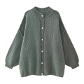 Detail of dark green knit cardigan featuring coarse texture and gold metal buttons - S / Green