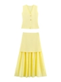 Women's two-piece light yellow knit vest and pleated chiffon skirt set with buttons - Yellow Set / S
