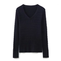 Dunkelblauer V-Ausschnitt Strickpullover mit Zopfmuster und langen Ärmeln auf Weiß - S / Schwarz