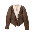 Damenjacke aus braunem Wildlederimitat mit Fleece-Futter und Bindegürtel-Detail - S / Braun