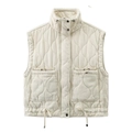 Detail of cream quilted vest featuring a stand collar, wave stitching and adjustable cords - XS / Milky White
