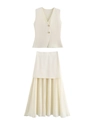 Chic cream white knitted vest and pleated midi skirt set with gold buttons - S / Top And Bottom / Beige