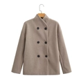 Klassieke dubbelrijige wollen jas in havermoutkleur met zwarte knopen voor dames - S / Khaki