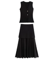 Women's black two-piece knit set featuring a V-neck buttoned vest and pleated midi skirt - S / Top And Bottom / Black
