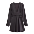 Elegante mini abito in raso grigio antracite con scollo a V, maniche lunghe e vita a pieghe - XS / Nero