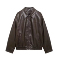 Chaqueta bomber vintage de cuero sintético marrón para mujer con cuello de solapa - XS / café