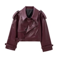 Veste de motard femme en similicuir bordeaux avec épaules larges et ceinture ajustable - S / Bordeaux