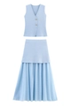 Two-piece light blue knit set featuring a V-neck buttoned vest and pleated midi skirt - S / Two-Piece Set (Vest + Skirt) / Sky Blue Set