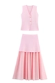Pink two-piece knit set featuring V-neck vest with gold buttons and pleated maxi skirt - S / Two-Piece Set (Vest + Skirt) / Pink Set