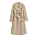 Classic khaki double-breasted trench coat for women with belted waist and stylish cuff straps - XS / Khaki