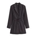 Elegante vestido blazer negro de manga larga con cinturón y cuello de solapa clásico - XS / Negro
