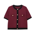 Cardigan en tricot bordeaux pour femme avec bordures noires et boutons dorés - S / Noir Rouge