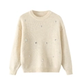 Fashionable beige crew neck knit sweater for women with sparkling rhinestone embellishments - S / Off White