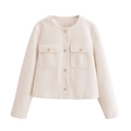 Elegant beige cropped tweed jacket with round neck and decorative gold buttons - XS / Beige