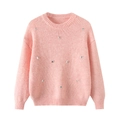 Pink crewneck knit sweater for women featuring decorative silver rhinestones on the front - S / Pink