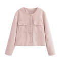 Short pale pink woolen jacket with round neck and decorative gold buttons in a straight cut - XS / Pink