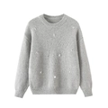 Women's grey knit sweater with round neck and rhinestone embellishments on plain background - S / Space Gray