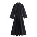 Detail of navy blue shirt dress featuring elastic waist, button placket and turn-down collar - XS / Black