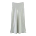 Detailed view of high-waisted silver satin midi skirt with elegant glossy draping fabric - XS / Grey Green