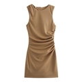 Elegant khaki sleeveless knit dress with side ruching and pleated details for women - S / Camel