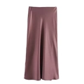 Close-up of silky satin fabric texture and high waist seam on this pink midi skirt - XS / Dusky Pink