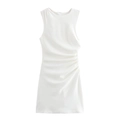 White sleeveless mini dress with elegant side ruching and a slim-fit minimalist design - S / White