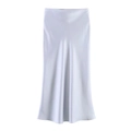 Elegant high waist silver satin midi skirt with glossy finish and fluid A-line silhouette - XS / Light Blue Gray