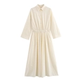 Elegante abito midi a camicia bianco crema a maniche lunghe con vita definita e linea ad A - XS / Bianco Sporco