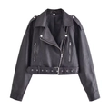 Women's black faux leather biker jacket with asymmetric zipper and adjustable waist belt - XS / Black