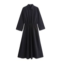 Elegante abito chemisier midi nero a maniche lunghe con colletto e vita elasticizzata - XS / Nero