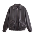 Close-up of black PU leather jacket featuring classic lapel and metallic front zipper - XS / Black