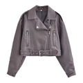 Women's dark gray cropped faux leather biker jacket with washed texture and waist belt - XS / Gray
