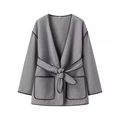 Women's grey mid-length wool coat with black leather trim and waist belt detail - S / Gray