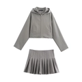 Graues Damen-Set bestehend aus kurzer Kapuzenjacke und Faltenrock im Tennis-Stil - XS / Oberteil Und Hose