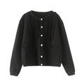 Chaqueta de punto negra para mujer con volantes ondulados y botones blancos - S / Negro