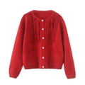 Cárdigan de punto rojo brillante para mujer con bordes ondulados y botones blancos - S / Rojo