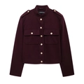 Women's burgundy short wool jacket with gold buttons and vintage shoulder straps - XS / Burgundy