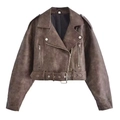 Veste de motard femme en similicuir marron foncé avec fermeture éclair asymétrique et ceinture - Brun Foncé
