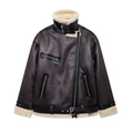 Women's dark brown faux shearling aviator jacket with white faux fur lining and silver zippers - XS / Brown