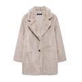 Elegante abrigo de piel sintética beige para mujer con solapa y cierre de botón negro - XS / Gris claro