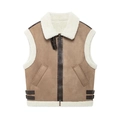 Vintage braune Pelzweste mit dickem Fleecefutter und Reverskragen für Damen im Herbst - XS / Khaki