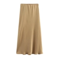 Elegant high-waisted satin midi skirt in light brown with a smooth glossy finish - XS / Light Khaki