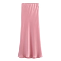 Elegant high-waisted pink satin midi skirt with a silky glossy finish and A-line cut - XS / Pink