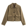 Detail view of tan cropped suede jacket showing lapel collar and large square flap pockets - S / Khaki