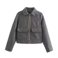 Giacca di tweed grigio scuro da donna con cerniera dorata e grandi tasche con patta - S / grigio scuro