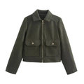 Giacca corta in tweed verde scuro con zip, colletto a revers e grandi tasche a patta - S / Verde Militare