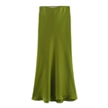 Elegant high-waisted olive green satin midi skirt with silky glossy finish for women - XS / Light Green